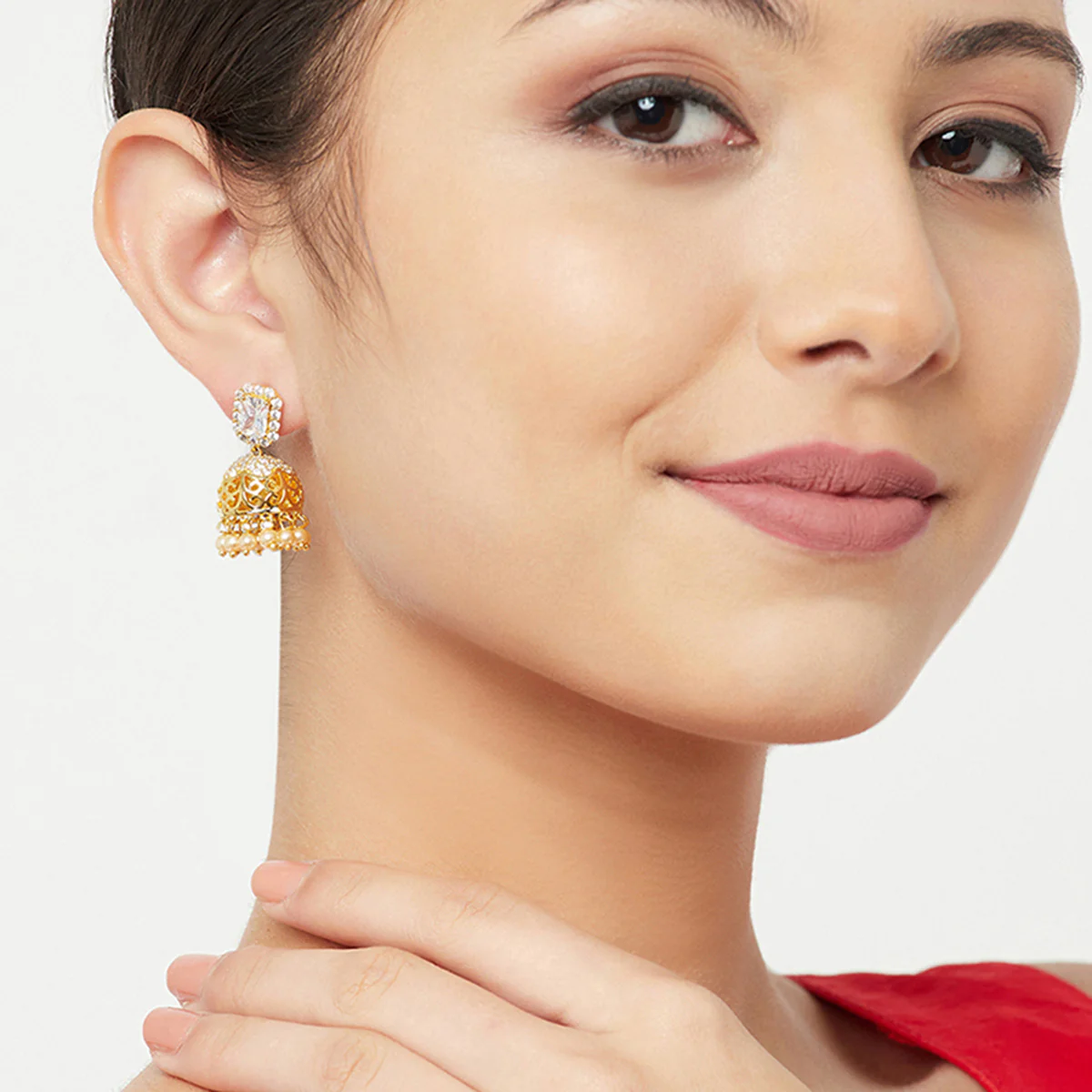American Diamond CZ Traditional Gold Plated White Brass Jhumka Earrings for Women - Image 2