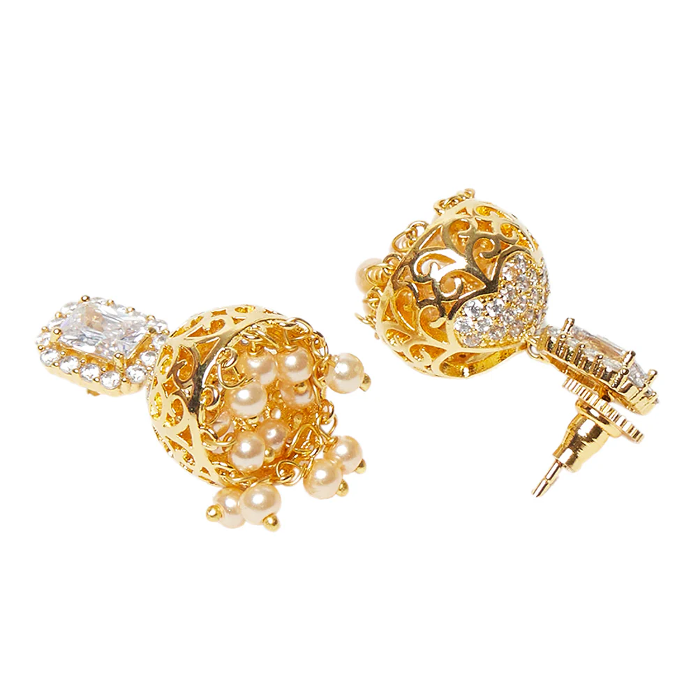 American Diamond CZ Traditional Gold Plated White Brass Jhumka Earrings for Women - Image 4