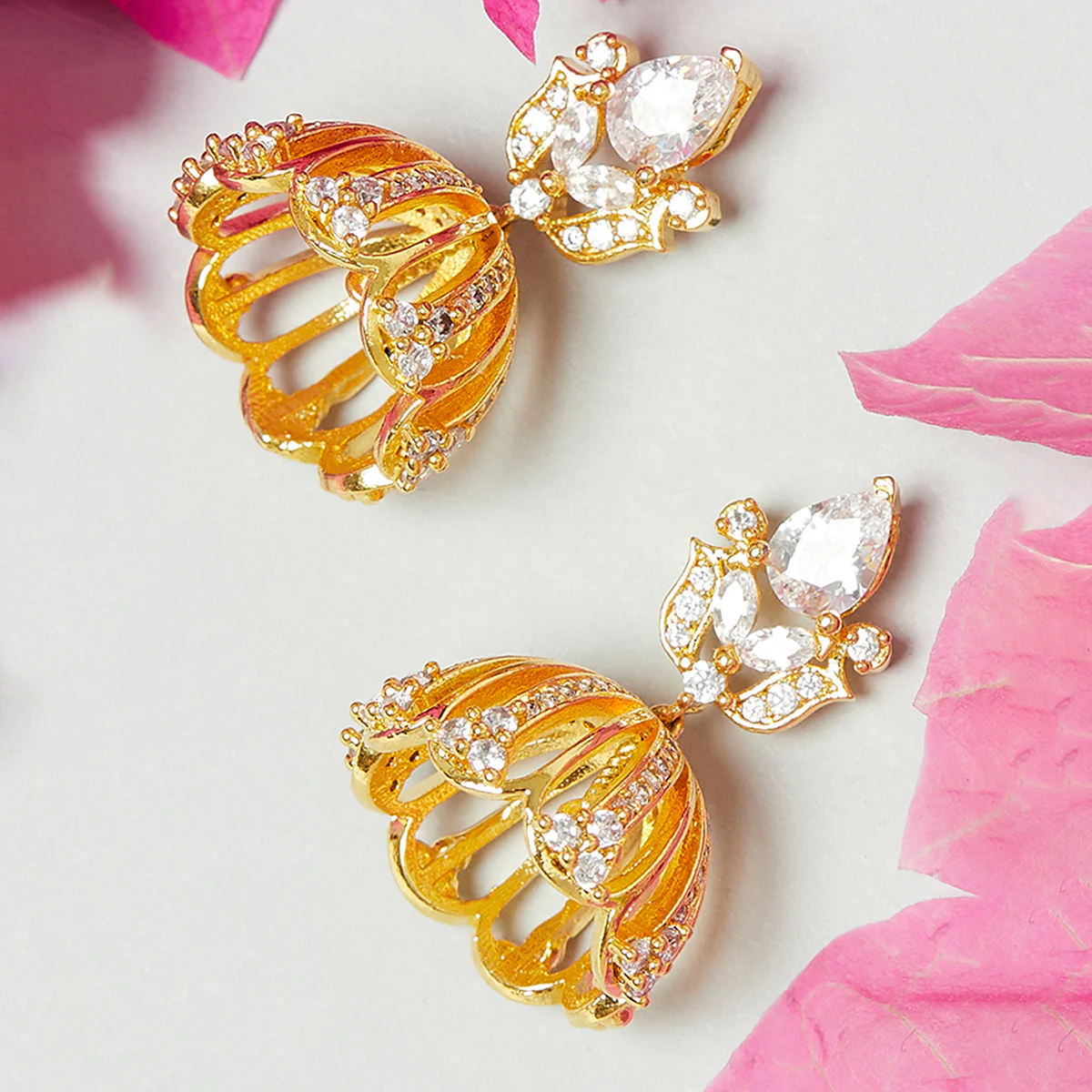 American Diamond CZ Traditional Gold Plated White Brass Jhumka Earrings for Women