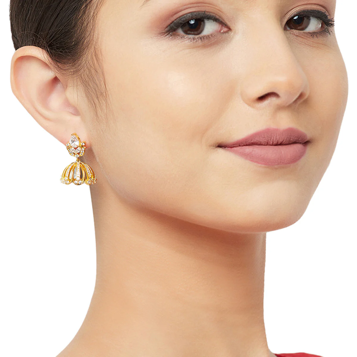 American Diamond CZ Traditional Gold Plated White Brass Jhumka Earrings for Women - Image 2
