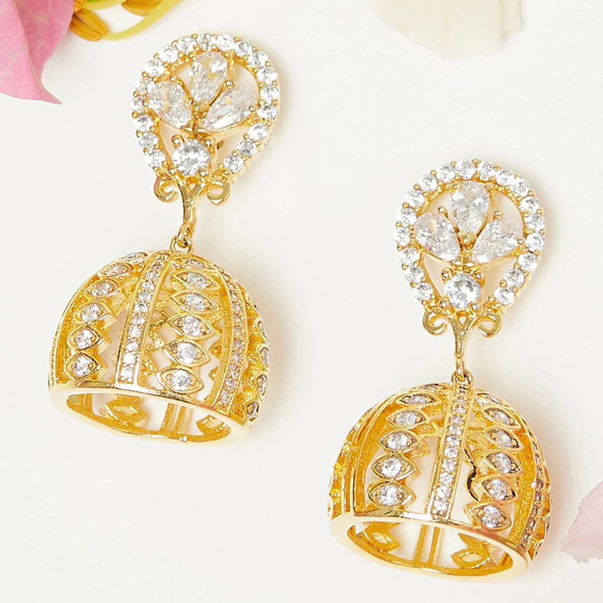 American Diamond CZ Traditional Gold Plated White Brass Jhumka Earrings for Women