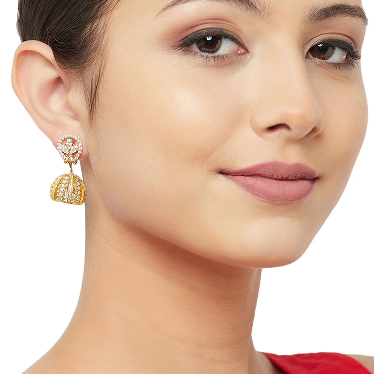 American Diamond CZ Traditional Gold Plated White Brass Jhumka Earrings for Women - Image 2