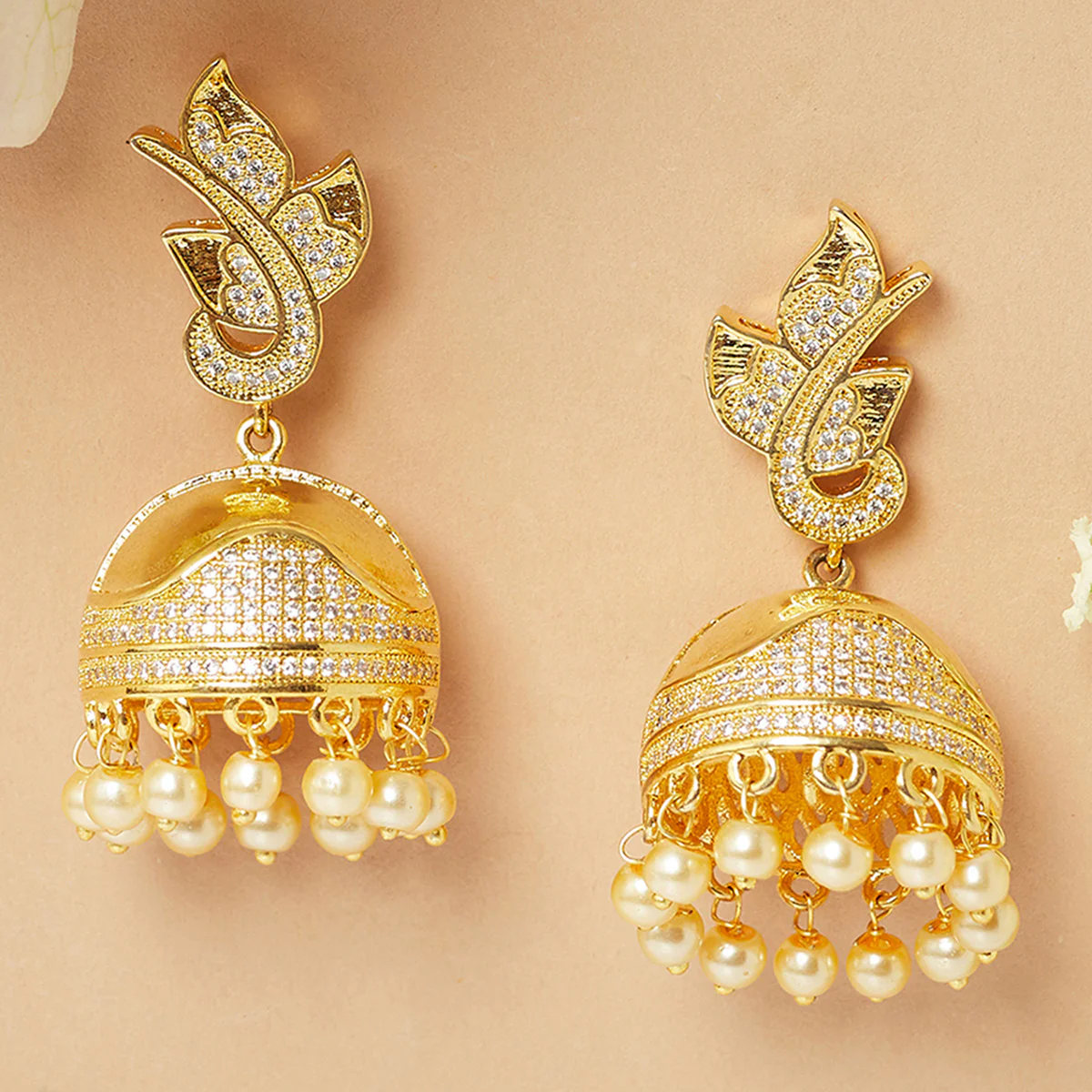 American Diamond CZ Traditional Gold Plated White Brass Jhumka Earrings for Women