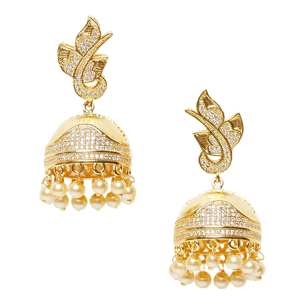 American Diamond CZ Traditional Gold Plated White Brass Jhumka Earrings for Women - Image 3