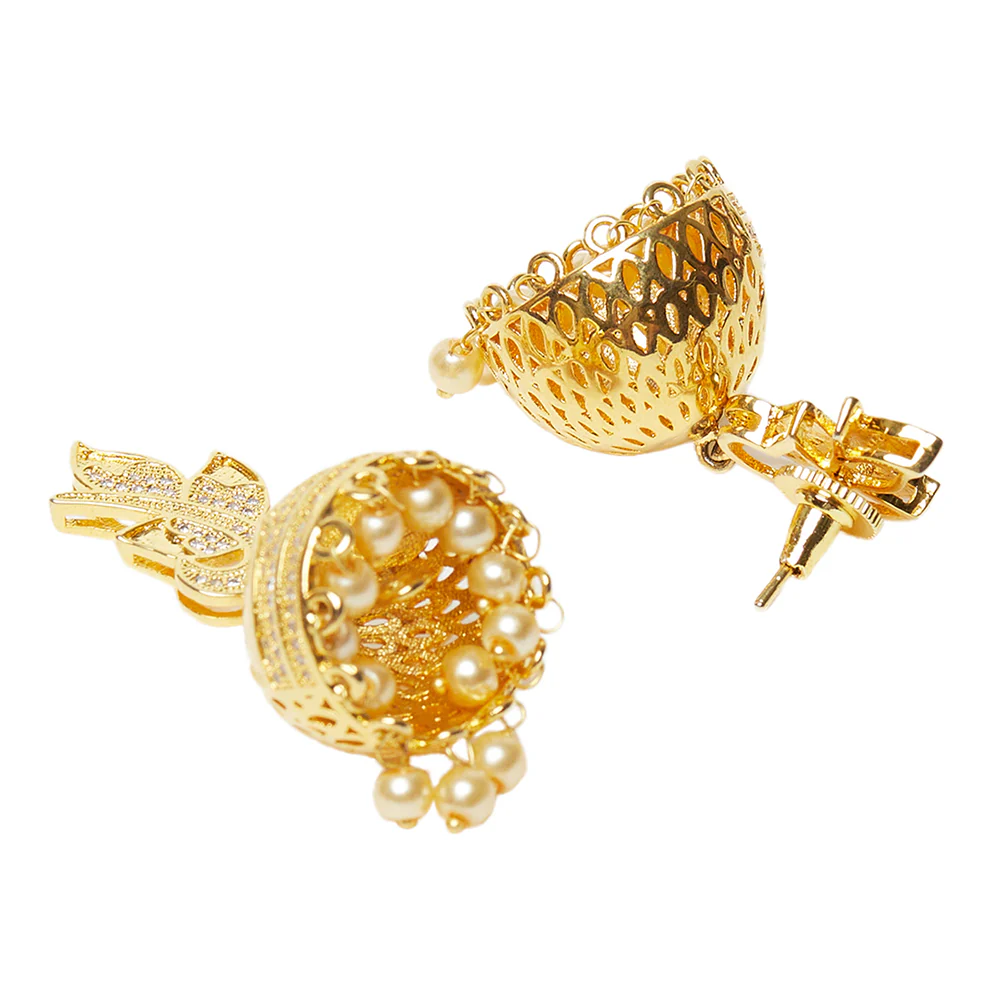 American Diamond CZ Traditional Gold Plated White Brass Jhumka Earrings for Women - Image 4