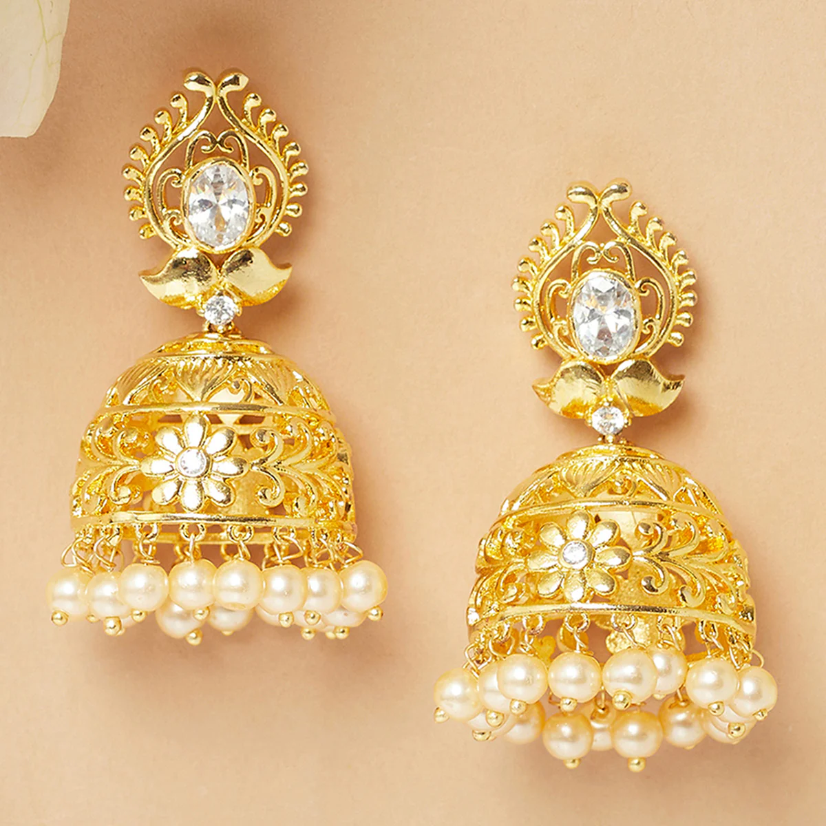 American Diamond CZ Traditional Gold Plated White Brass Jhumka Earrings for Women