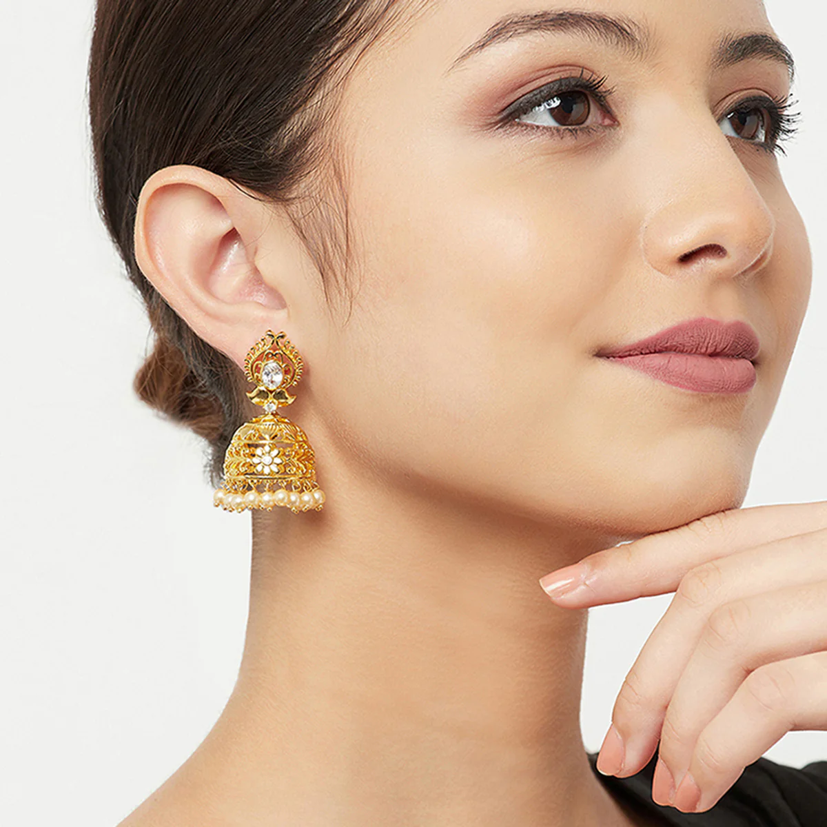 American Diamond CZ Traditional Gold Plated White Brass Jhumka Earrings for Women - Image 2