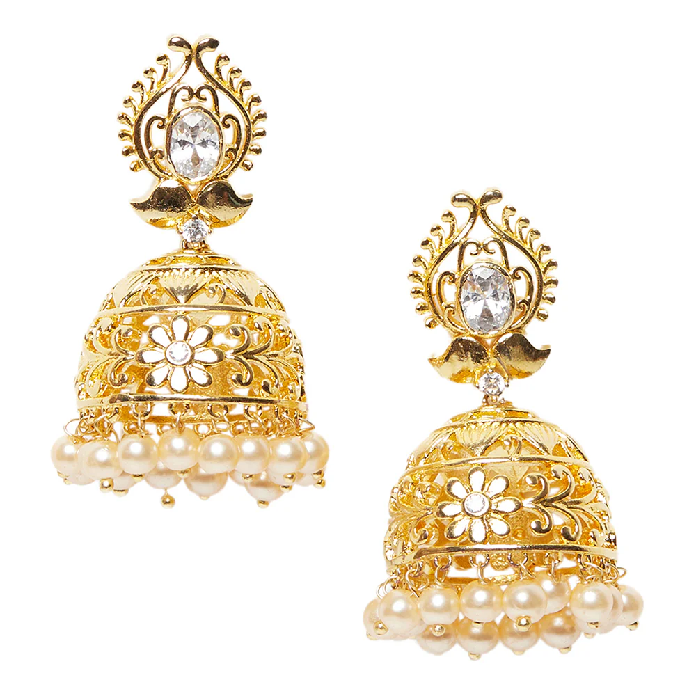 American Diamond CZ Traditional Gold Plated White Brass Jhumka Earrings for Women - Image 3