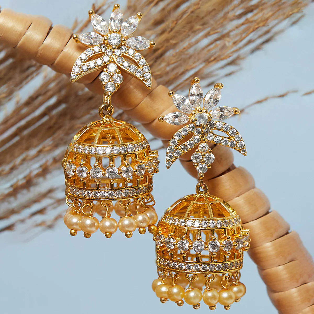 American Diamond CZ Traditional Gold Plated White Brass Jhumka Earrings for Women