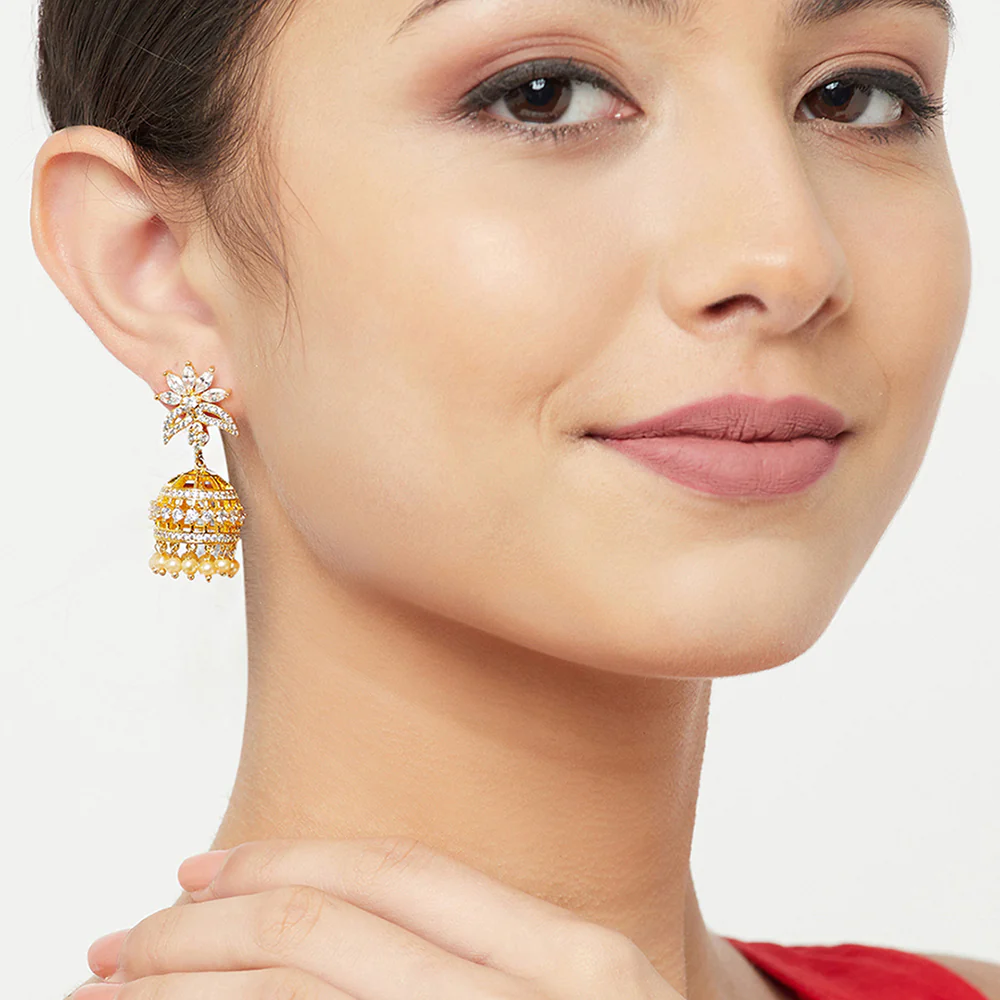 American Diamond CZ Traditional Gold Plated White Brass Jhumka Earrings for Women - Image 2