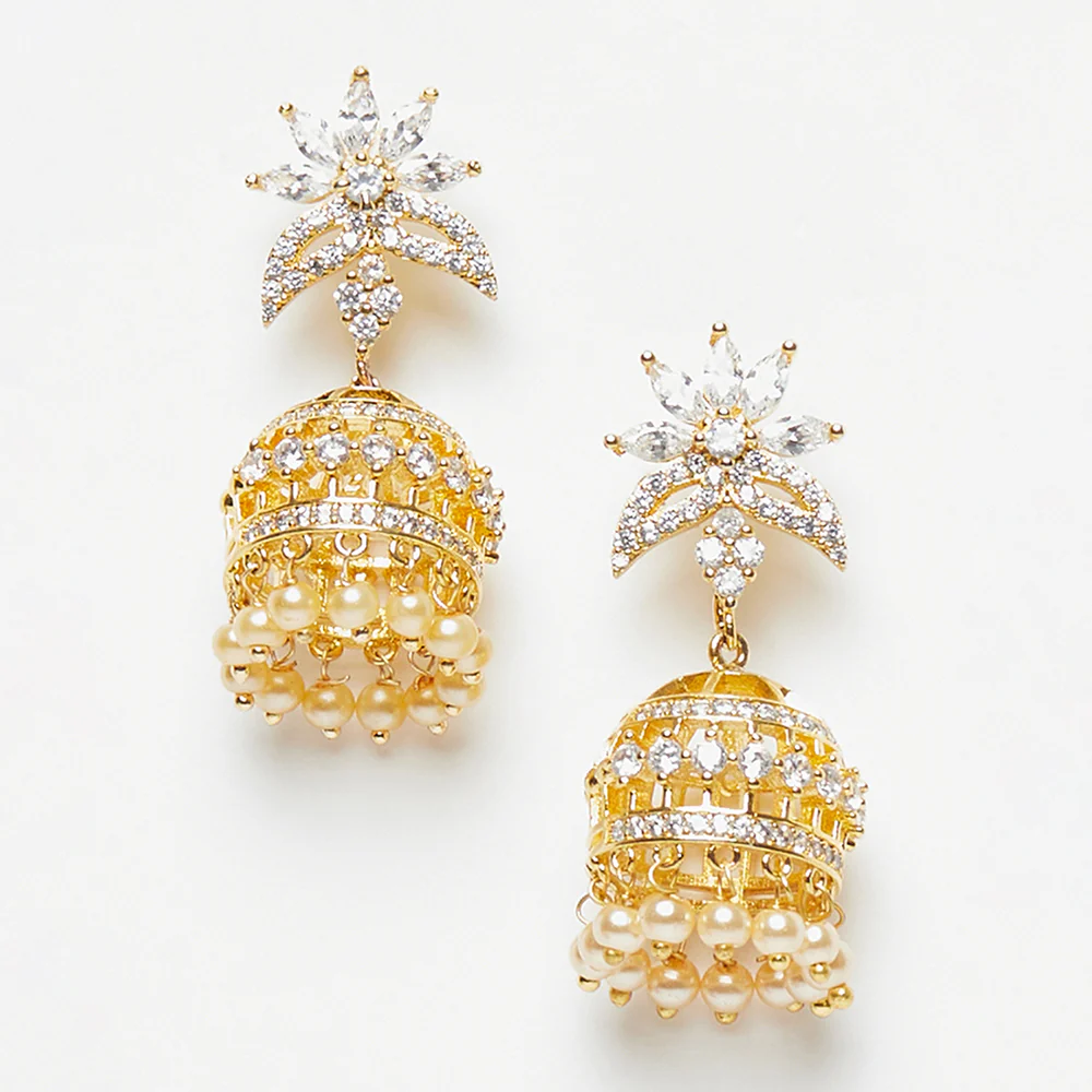American Diamond CZ Traditional Gold Plated White Brass Jhumka Earrings for Women - Image 3