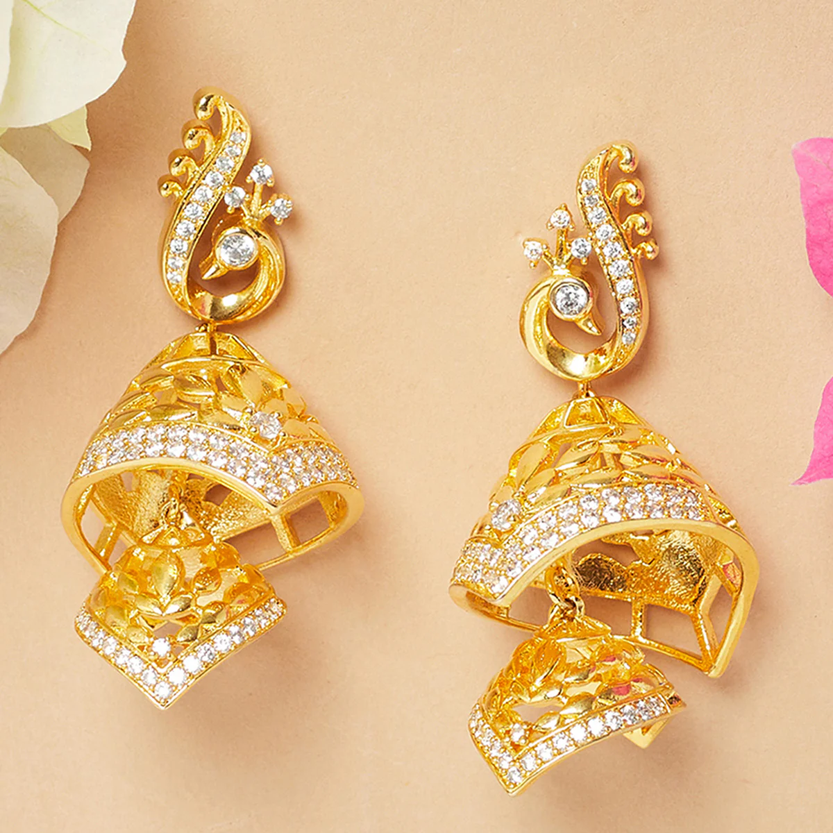 American Diamond CZ Traditional Gold Plated White Brass Jhumka Earrings for Women