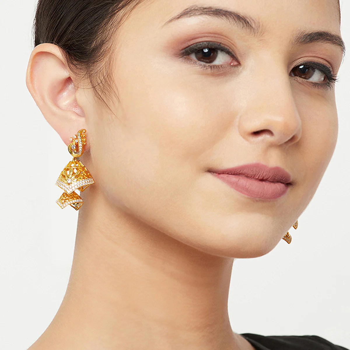 American Diamond CZ Traditional Gold Plated White Brass Jhumka Earrings for Women - Image 2