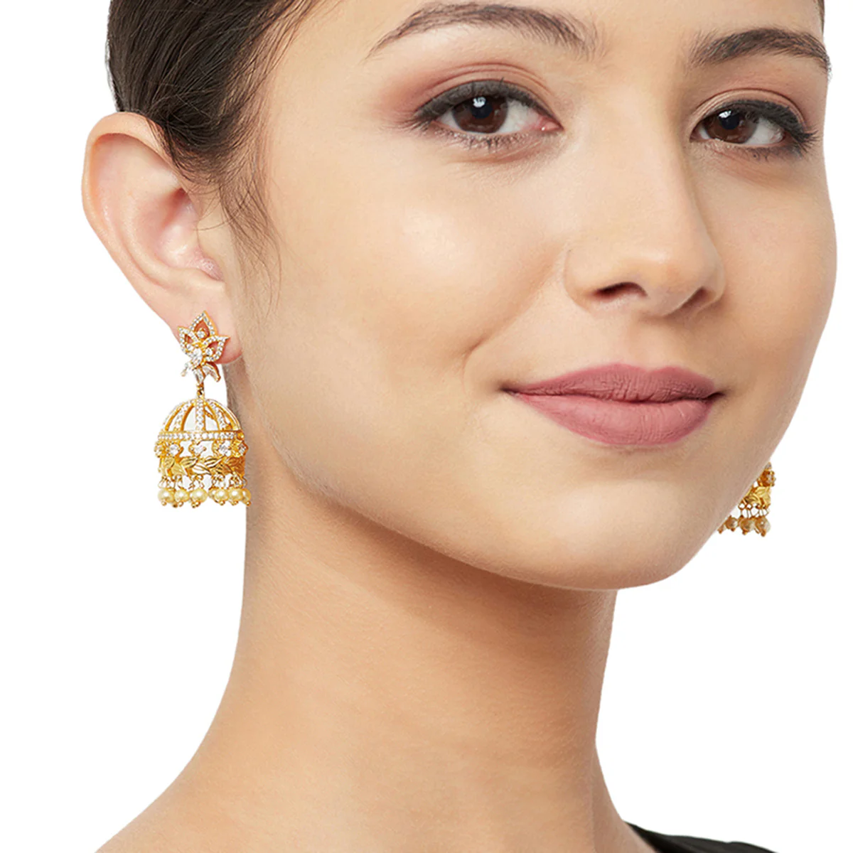 American Diamond CZ Traditional Gold Plated White Brass Jhumka Earrings for Women - Image 2
