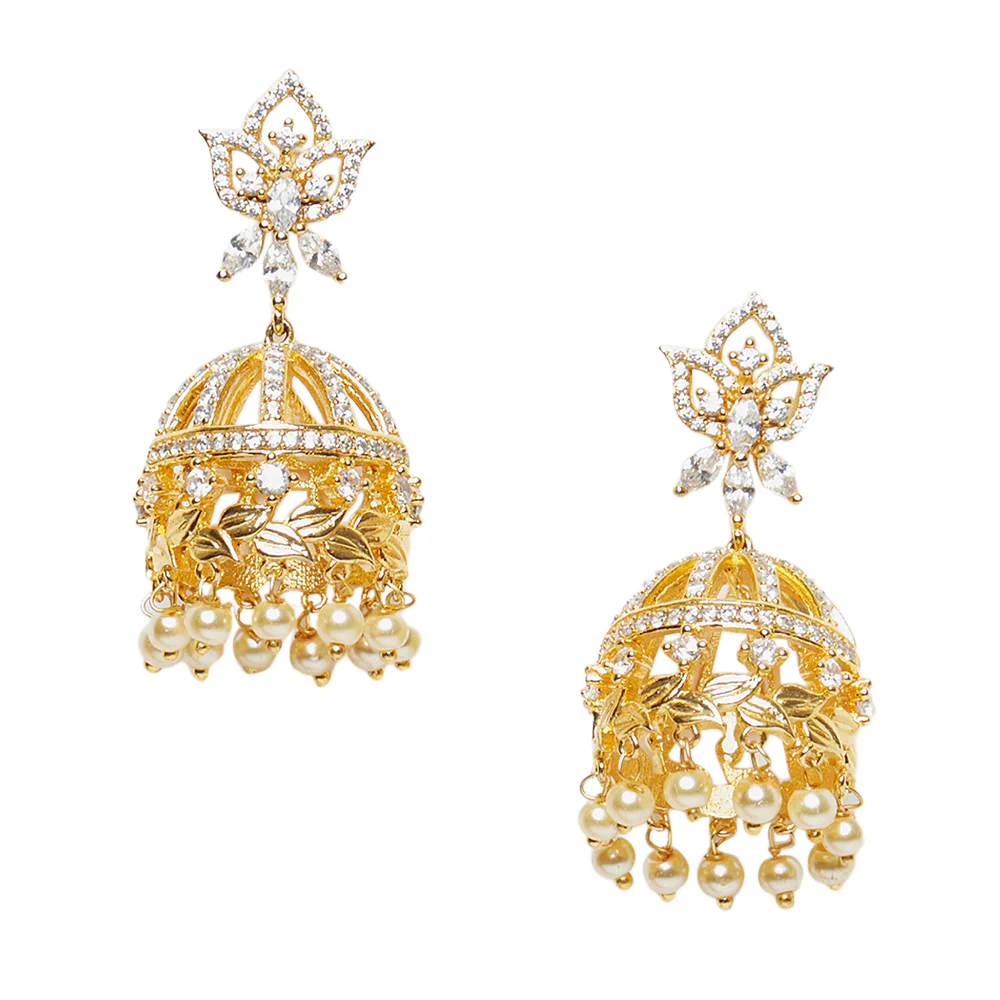 American Diamond CZ Traditional Gold Plated White Brass Jhumka Earrings for Women - Image 3