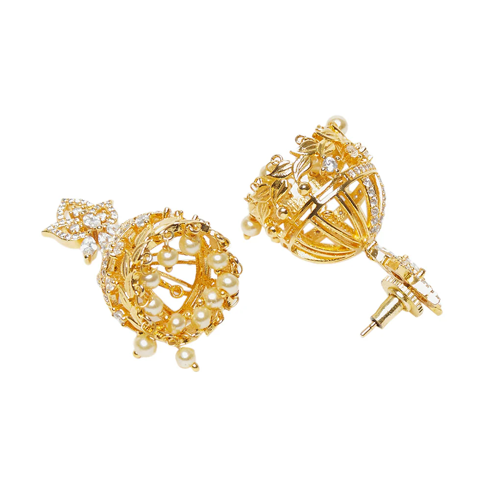 American Diamond CZ Traditional Gold Plated White Brass Jhumka Earrings for Women - Image 4