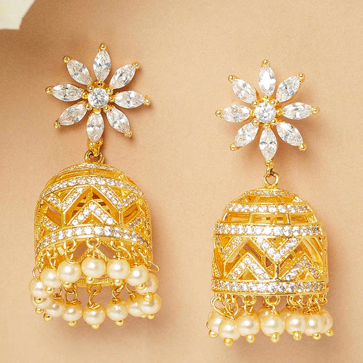 American Diamond CZ Traditional Gold Plated White Brass Jhumka Earrings for Women
