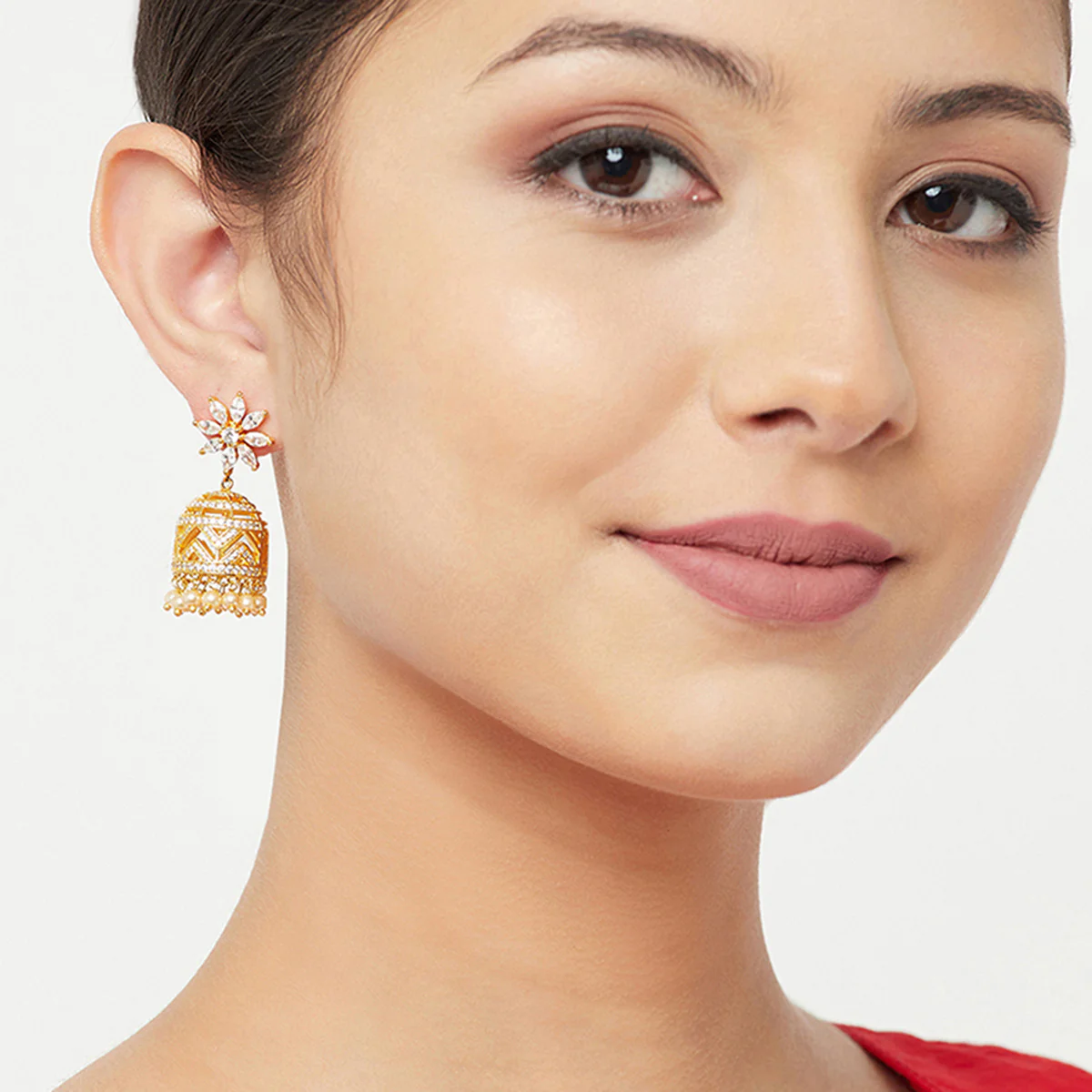 American Diamond CZ Traditional Gold Plated White Brass Jhumka Earrings for Women - Image 2