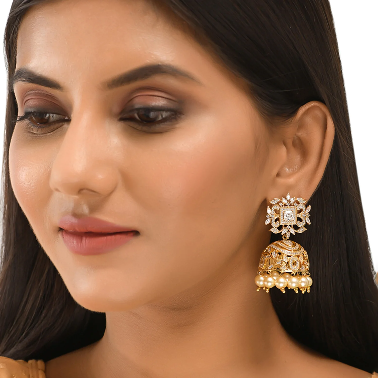 American Diamond CZ Traditional Gold Plated White Brass Jhumka Earrings for Women - Image 2