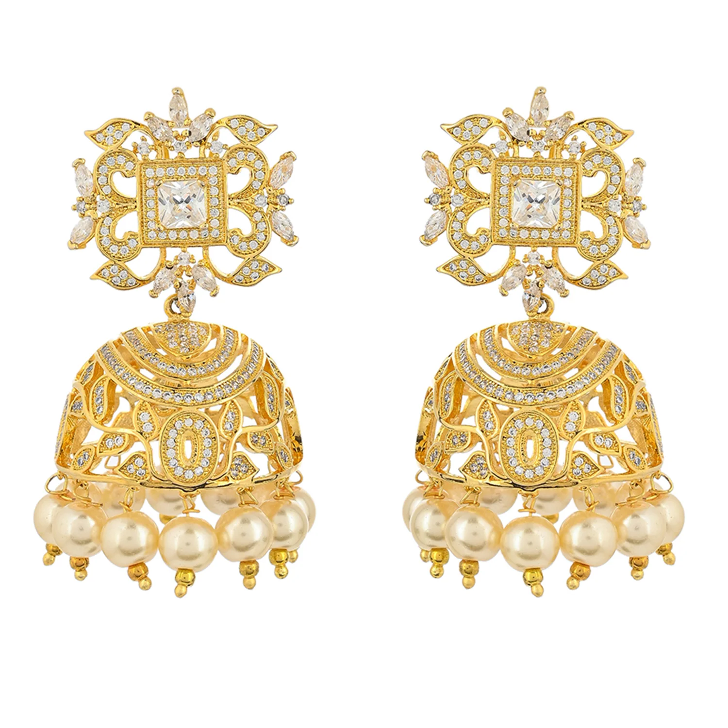 American Diamond CZ Traditional Gold Plated White Brass Jhumka Earrings for Women - Image 3