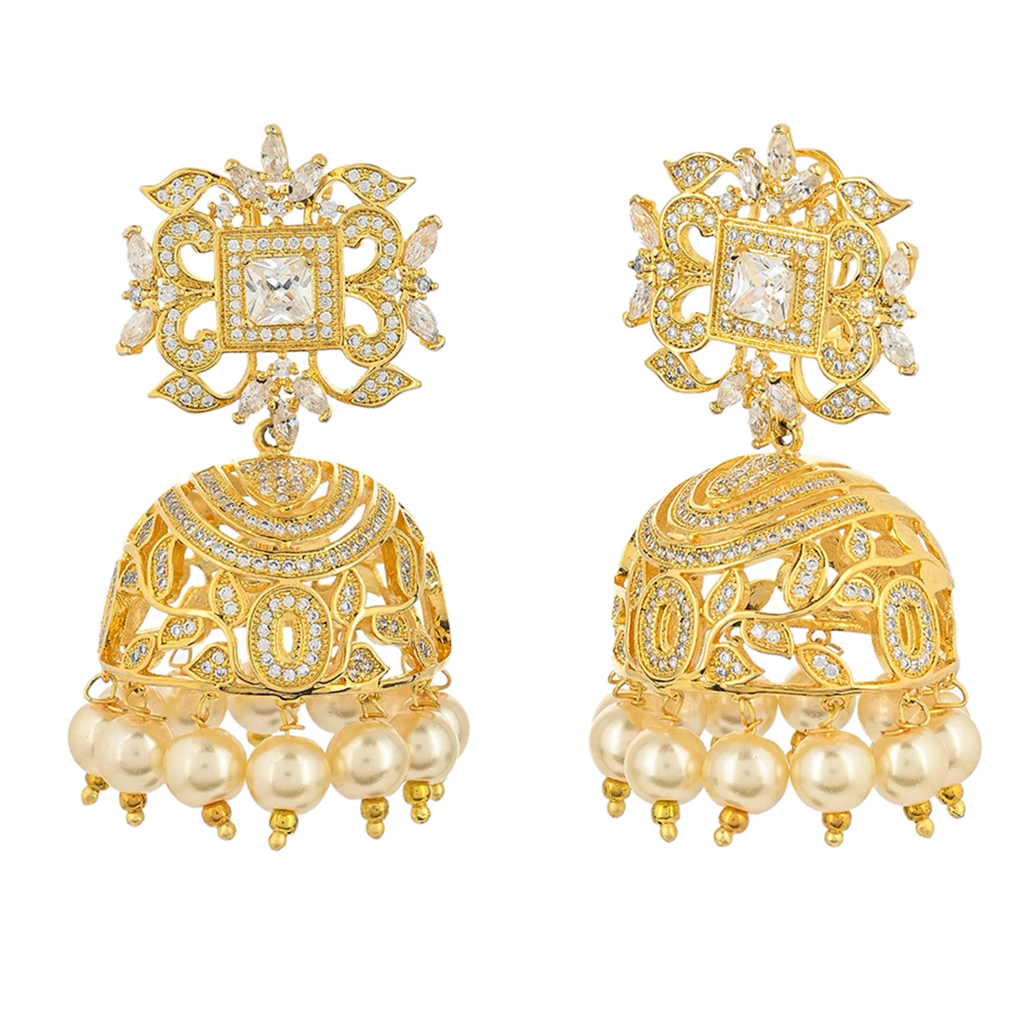 American Diamond CZ Traditional Gold Plated White Brass Jhumka Earrings for Women - Image 4