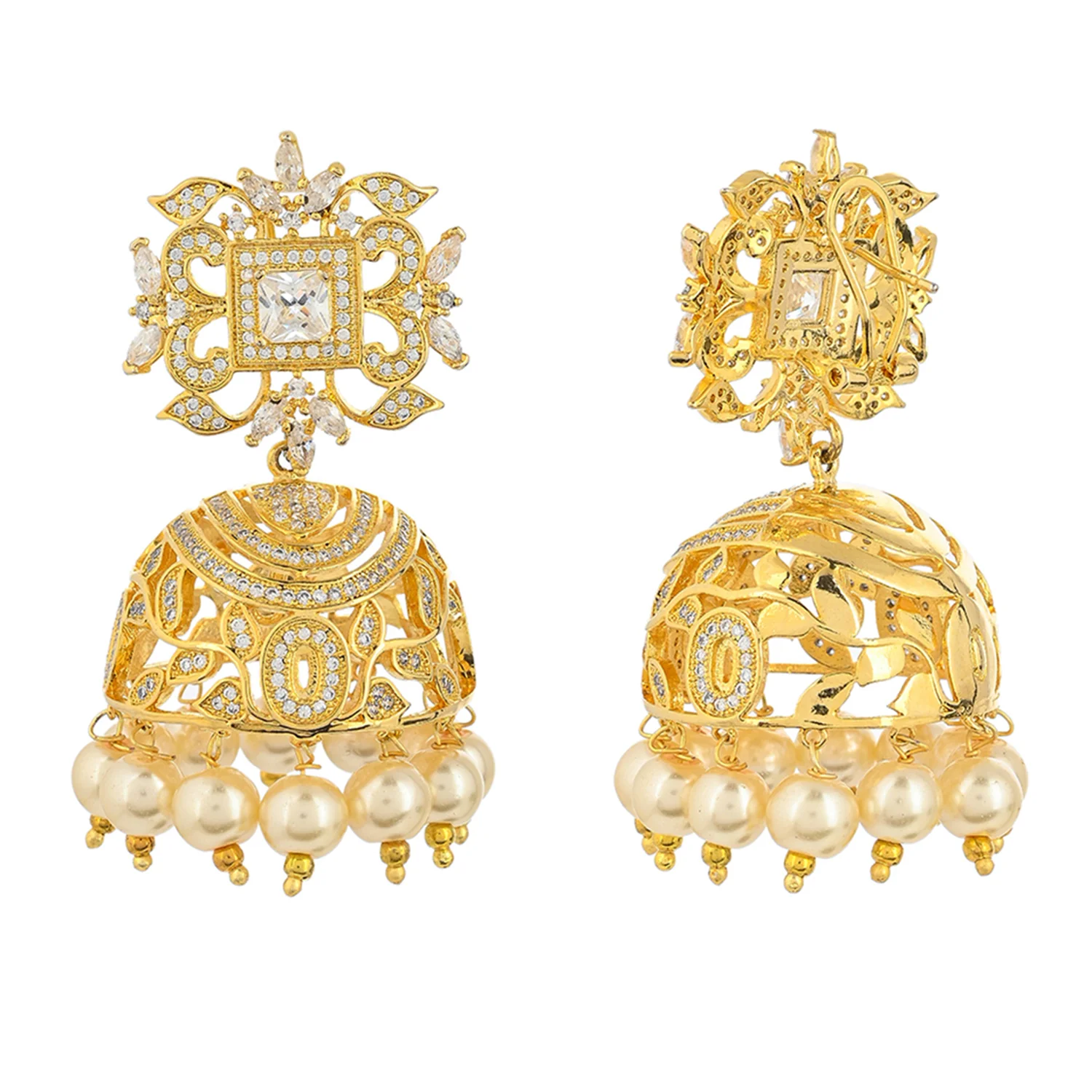 American Diamond CZ Traditional Gold Plated White Brass Jhumka Earrings for Women - Image 5