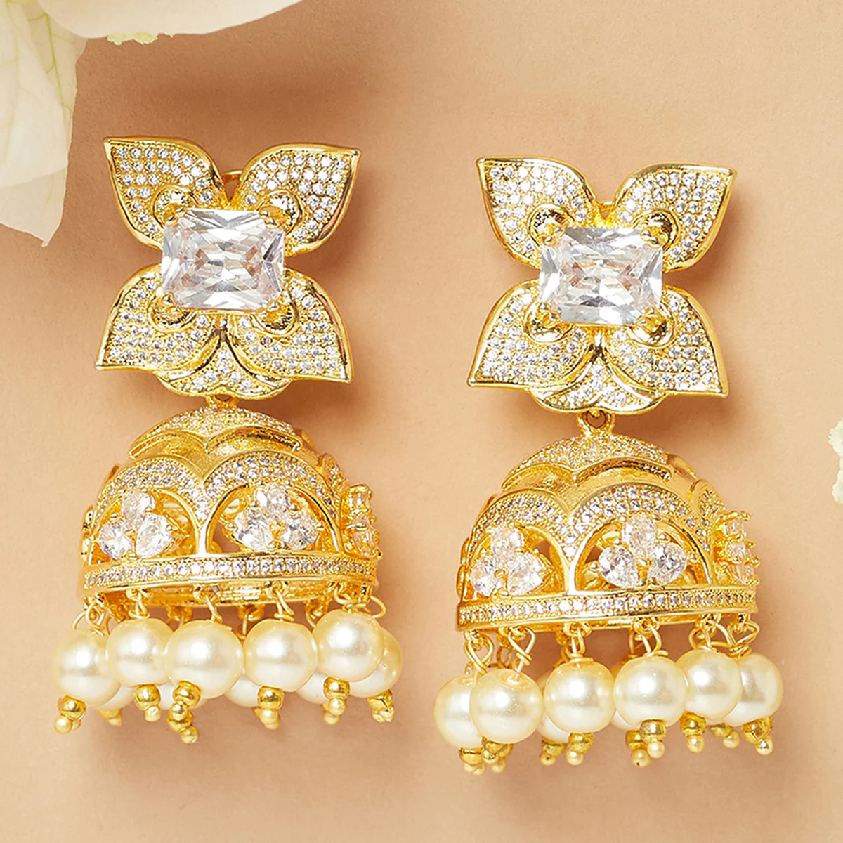 American Diamond CZ Traditional Gold Plated White Brass Jhumka Earrings for Women