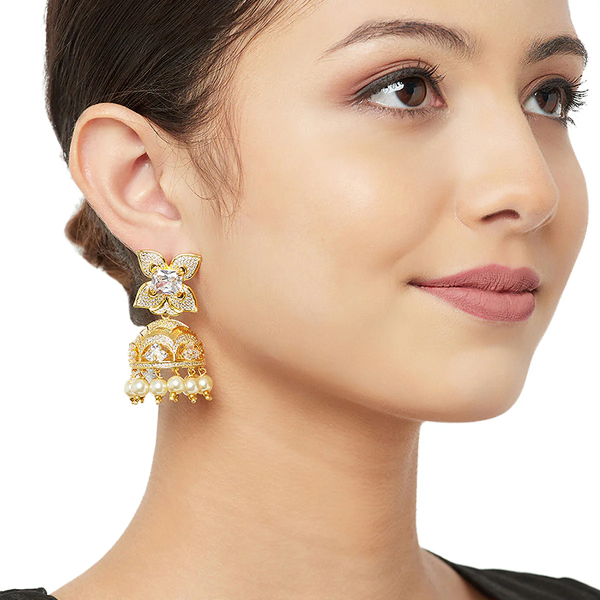 American Diamond CZ Traditional Gold Plated White Brass Jhumka Earrings for Women - Image 2