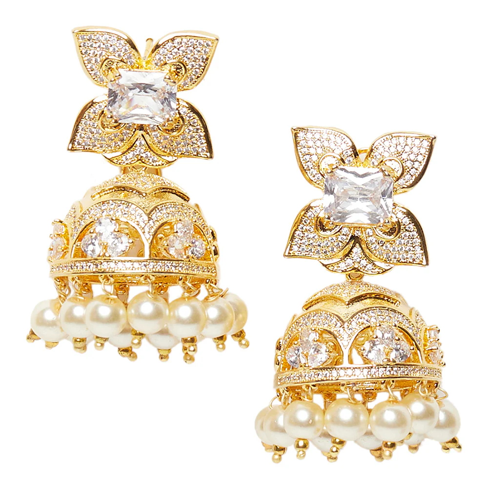 American Diamond CZ Traditional Gold Plated White Brass Jhumka Earrings for Women - Image 3