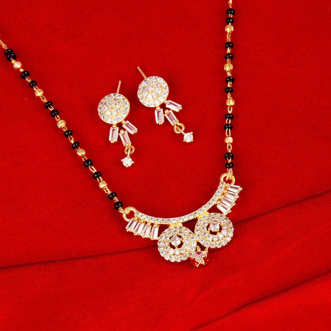 American Diamond CZ Traditional Golden Brass Black Beaded Mangalsutra with Earrings