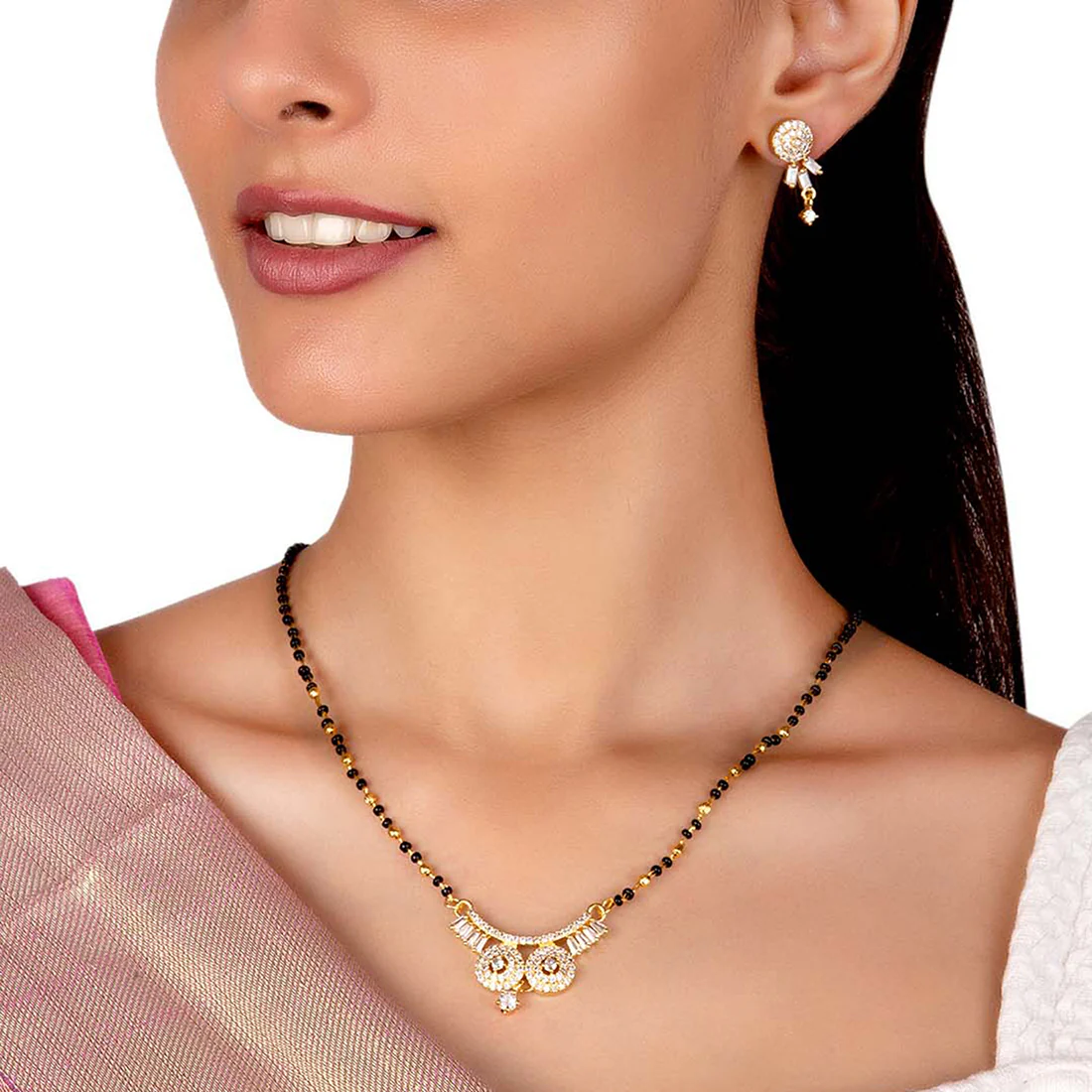 American Diamond CZ Traditional Golden Brass Black Beaded Mangalsutra with Earrings - Image 2