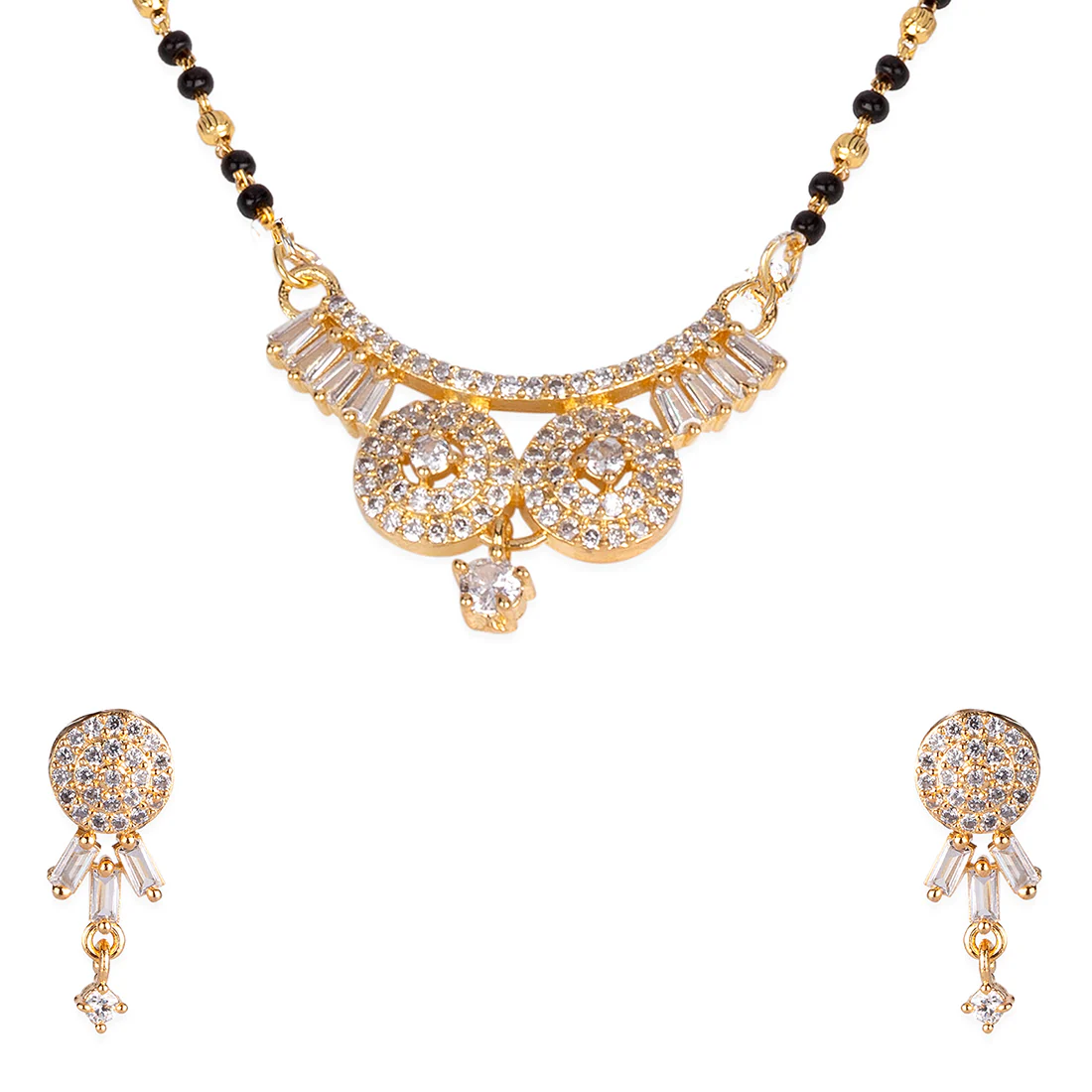 American Diamond CZ Traditional Golden Brass Black Beaded Mangalsutra with Earrings - Image 3
