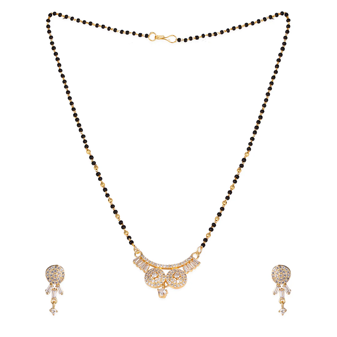 American Diamond CZ Traditional Golden Brass Black Beaded Mangalsutra with Earrings - Image 4