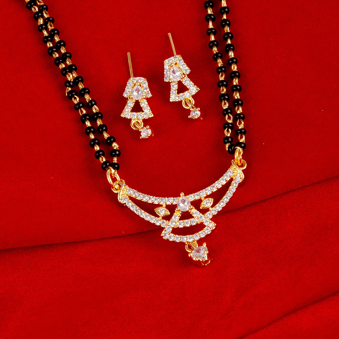 American Diamond CZ Traditional Golden Brass Black Beaded Mangalsutra with Earrings