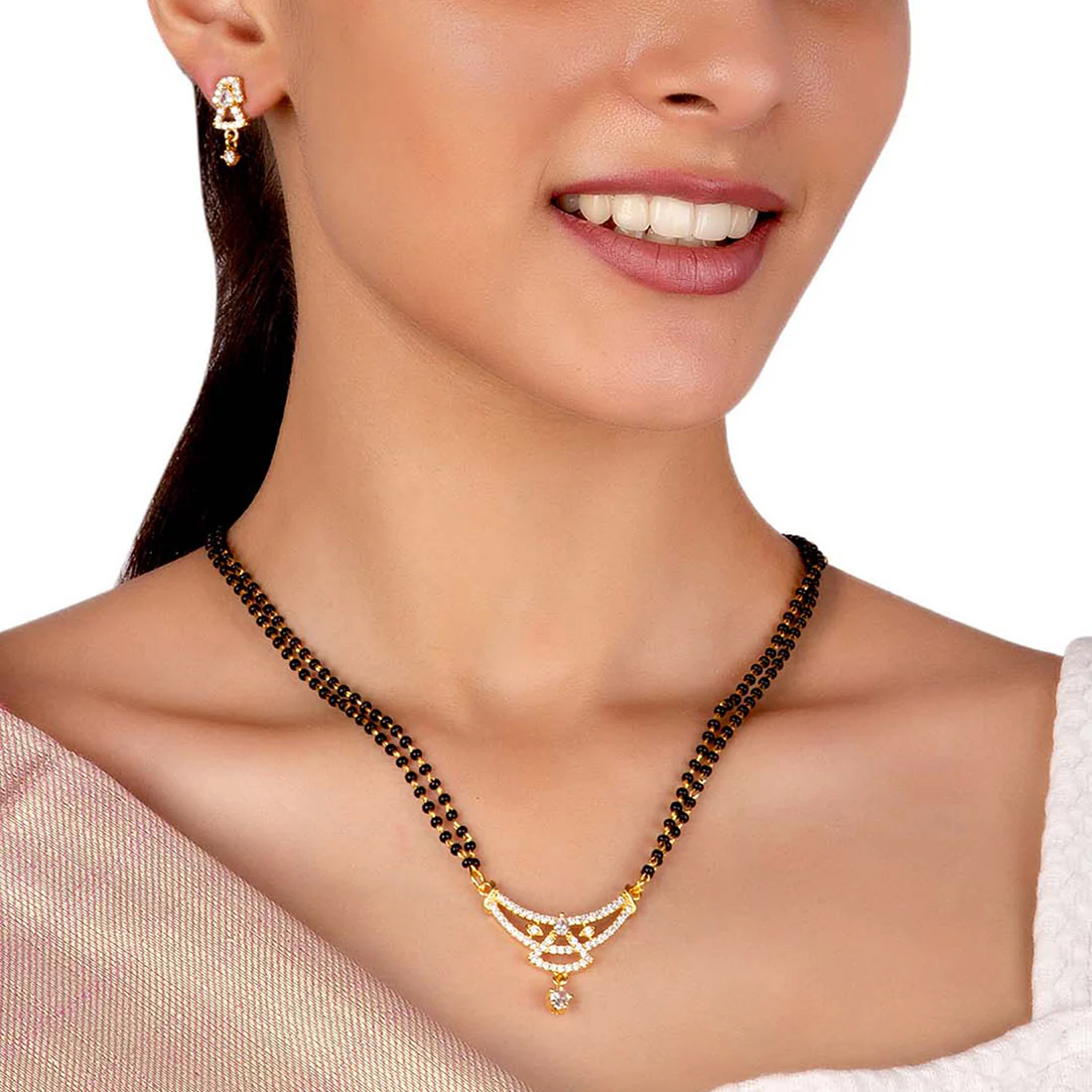 American Diamond CZ Traditional Golden Brass Black Beaded Mangalsutra with Earrings - Image 2