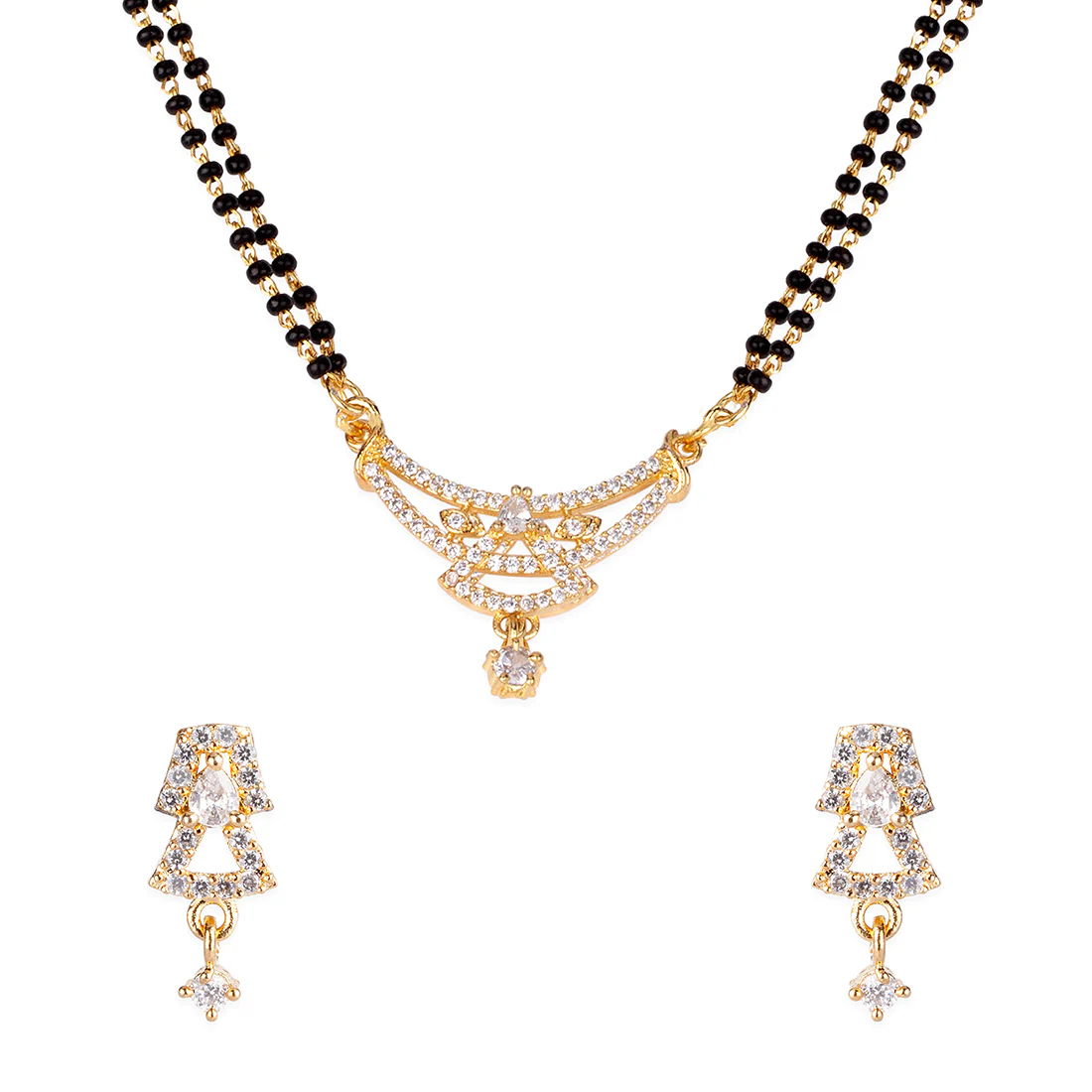 American Diamond CZ Traditional Golden Brass Black Beaded Mangalsutra with Earrings - Image 3