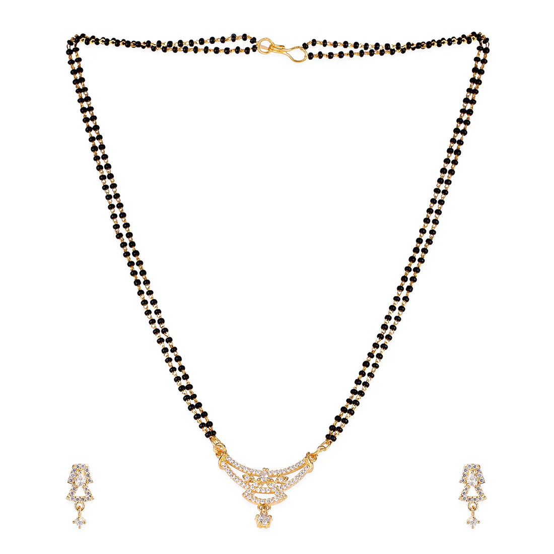 American Diamond CZ Traditional Golden Brass Black Beaded Mangalsutra with Earrings - Image 4