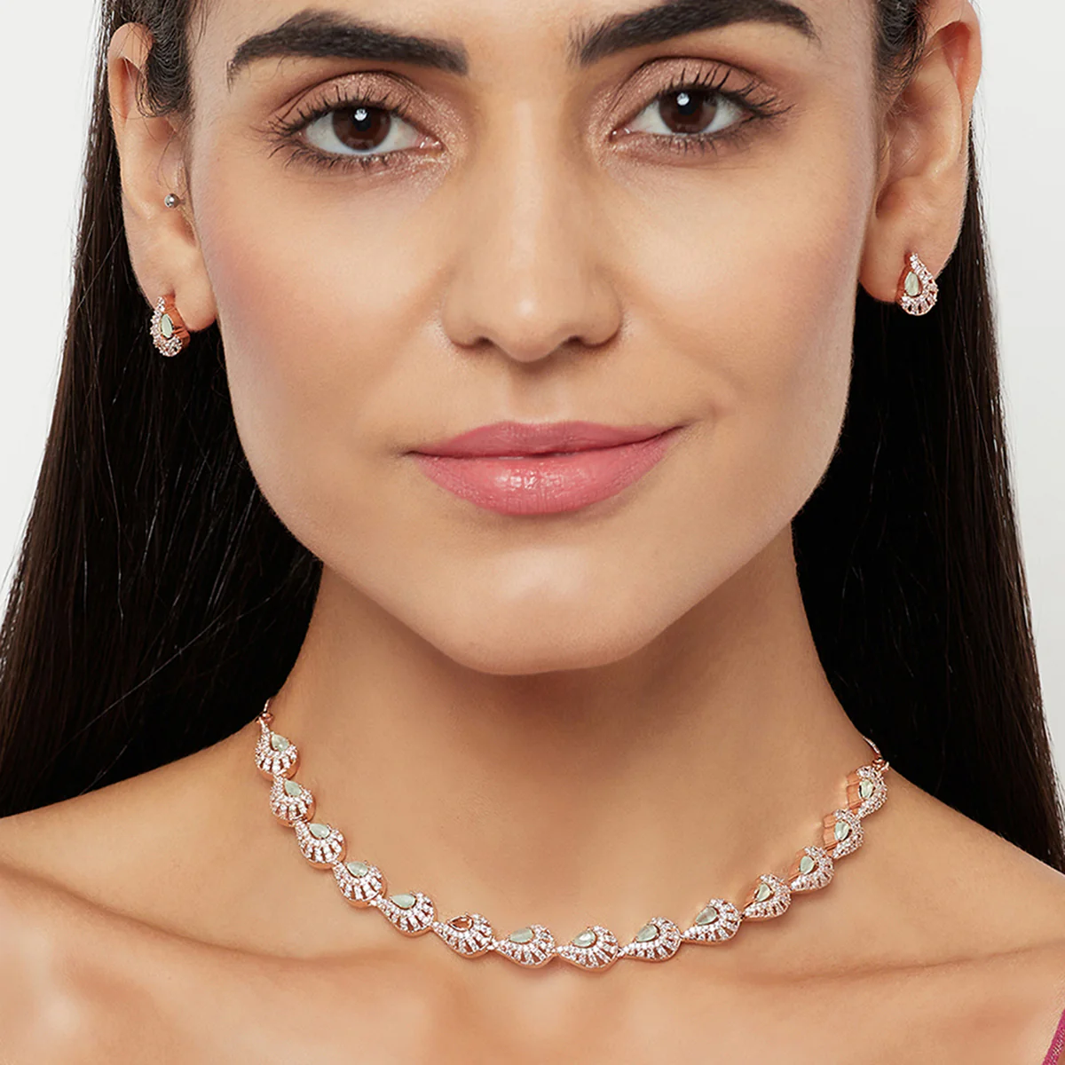 CZ Rose Gold Plated Aqua & White Jhumka Jewellery Set - Image 2