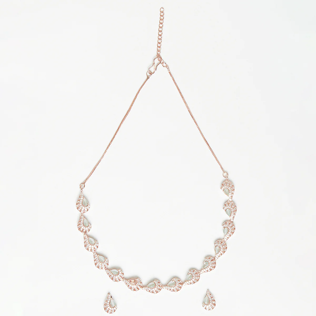 CZ Rose Gold Plated Aqua & White Jhumka Jewellery Set - Image 3