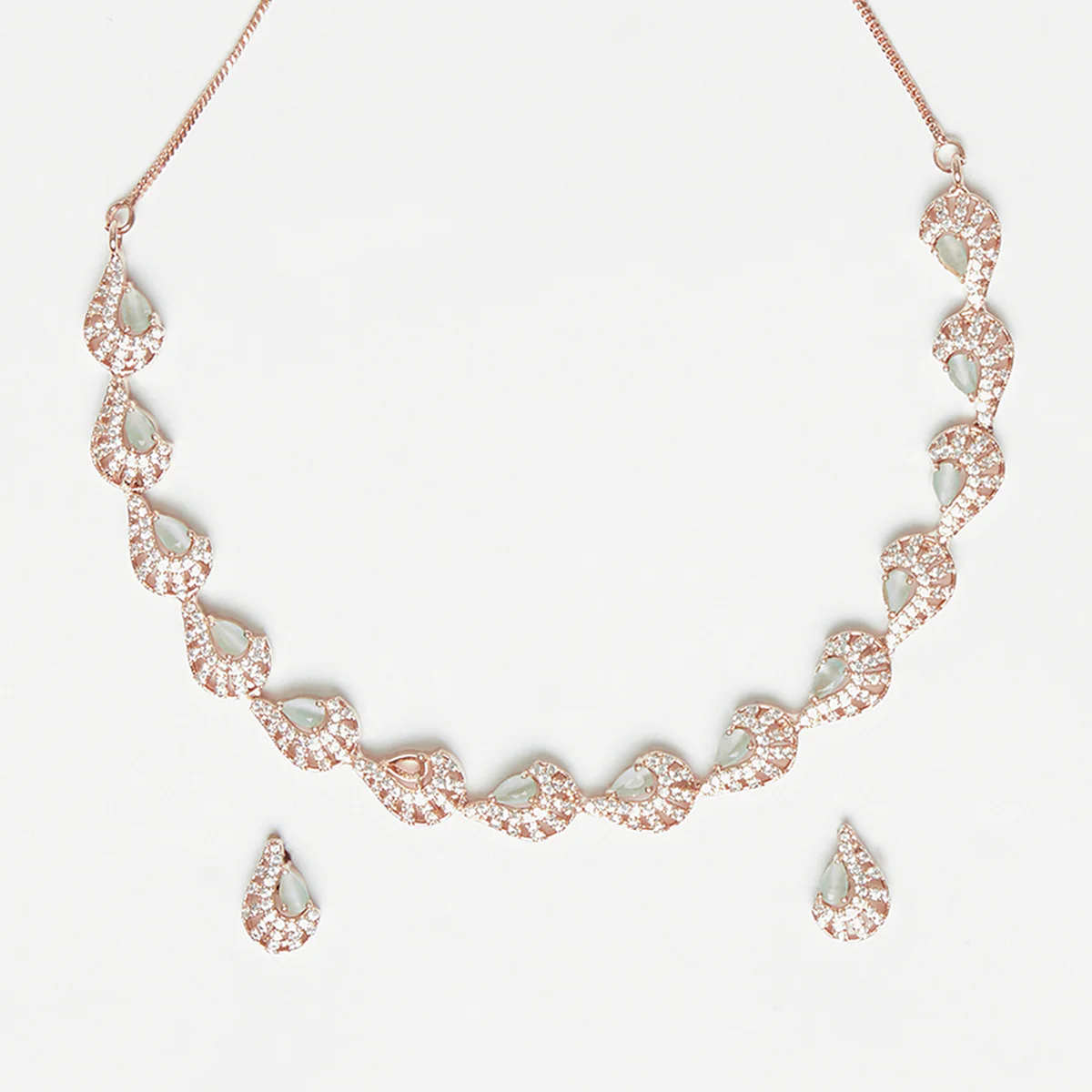 CZ Rose Gold Plated Aqua & White Jhumka Jewellery Set - Image 4