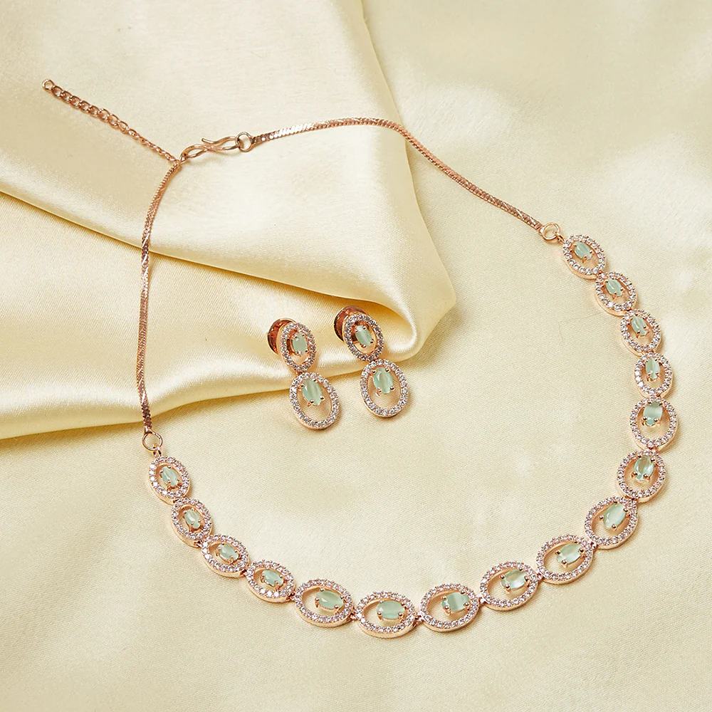 CZ Rose Gold Plated Aqua Stones Necklace Sets