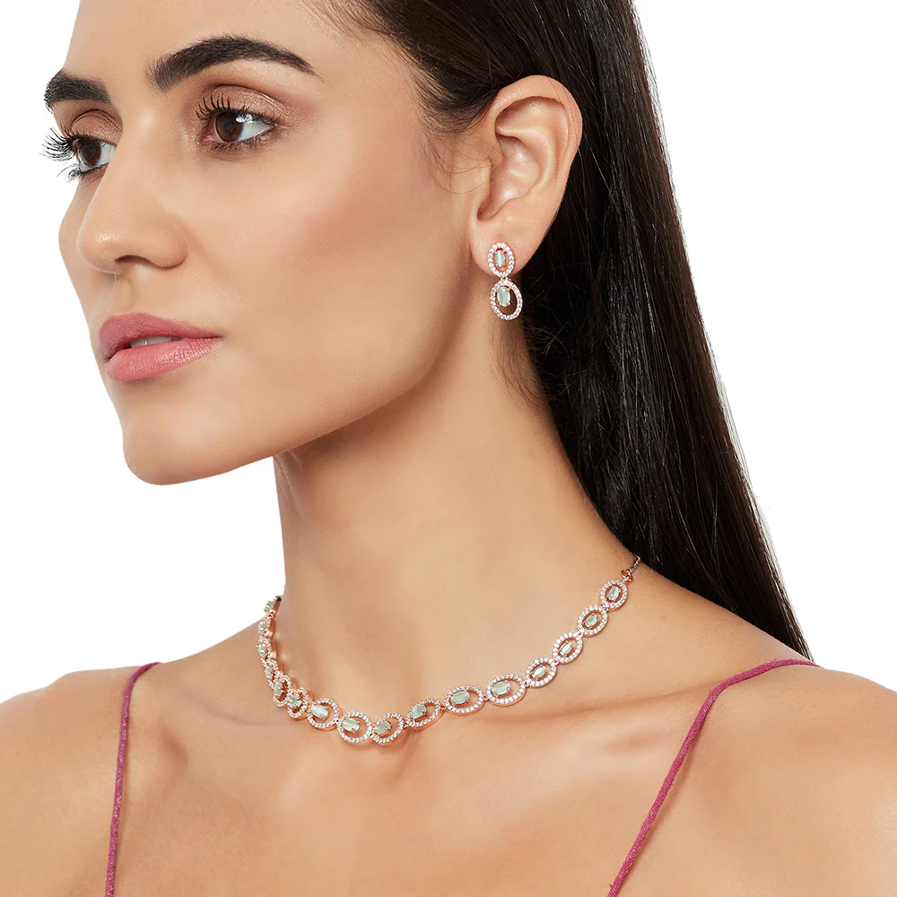 CZ Rose Gold Plated Aqua Stones Necklace Sets - Image 2