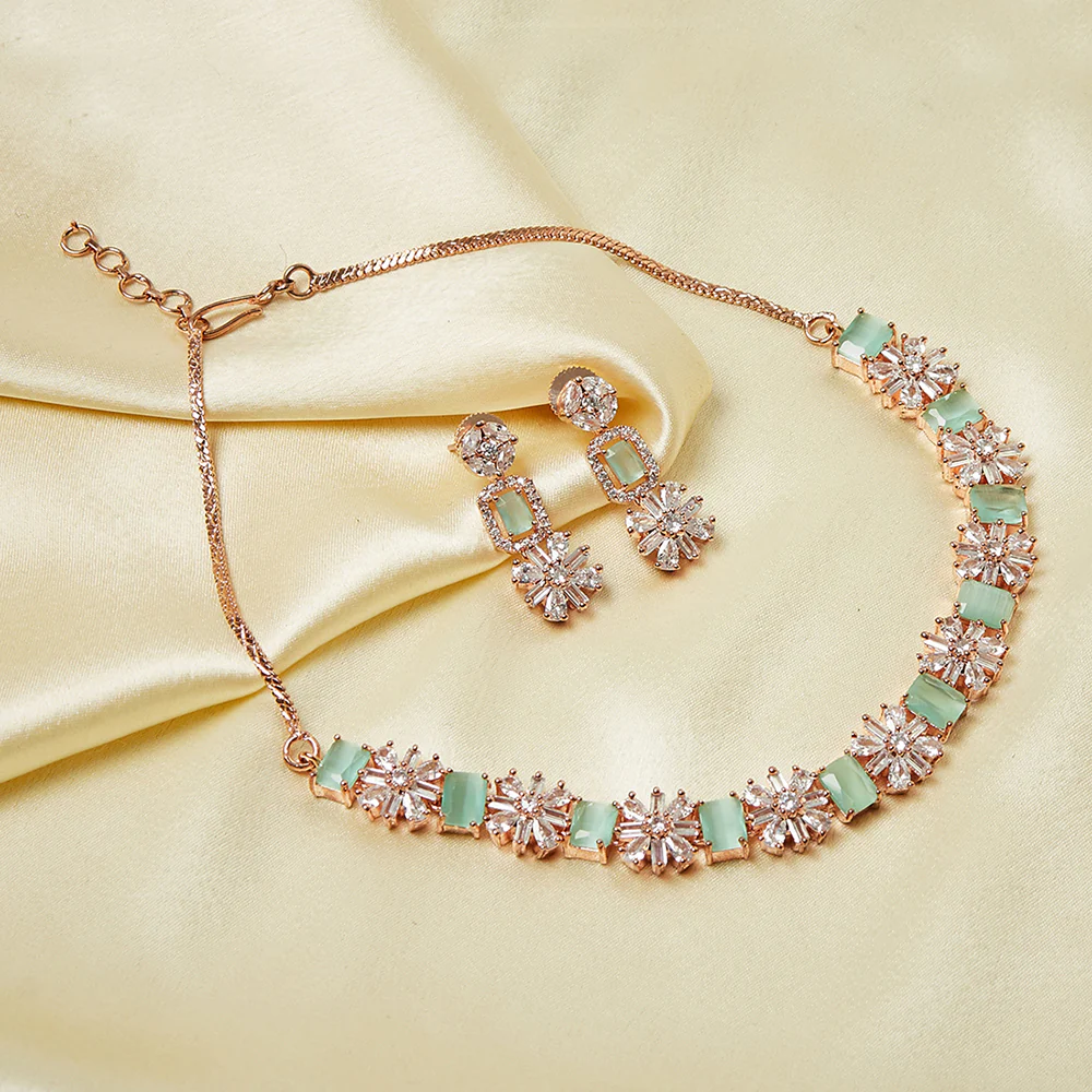 CZ Rose Gold Plated Aqua & White Jhumka Necklace Set