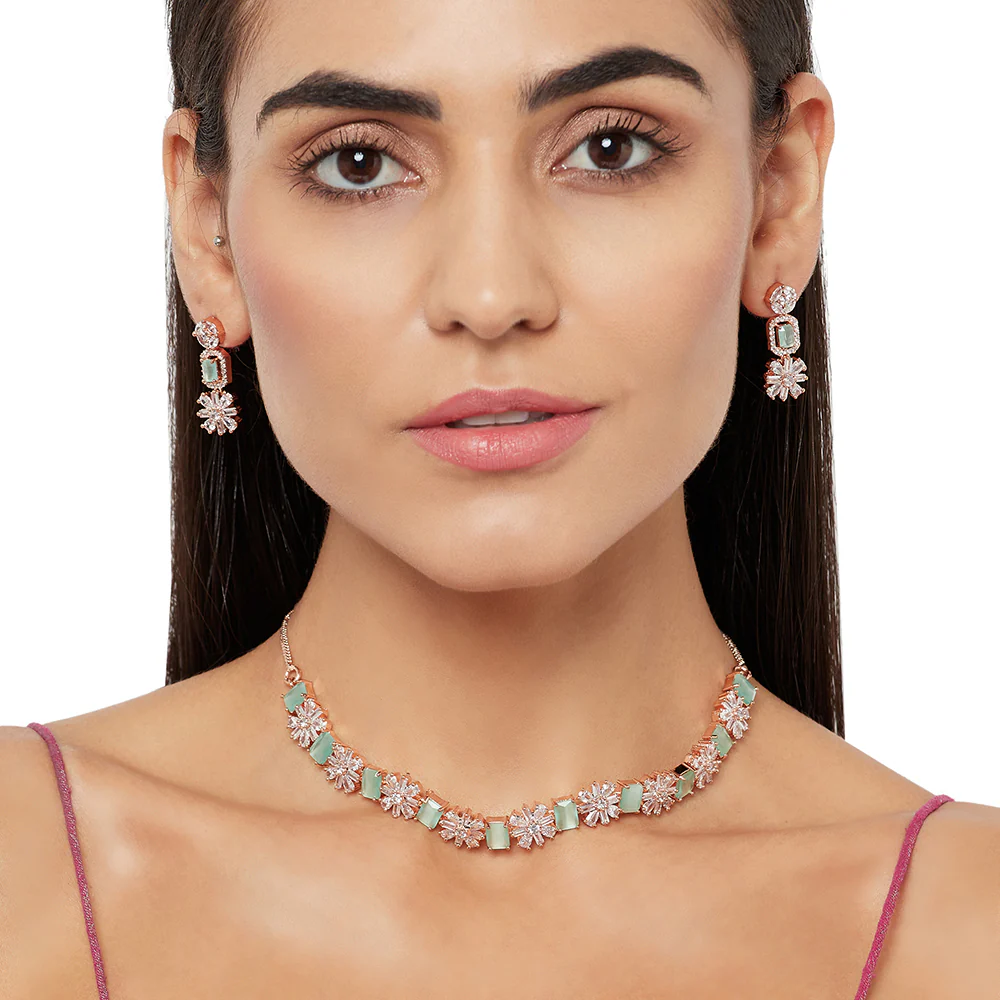 CZ Rose Gold Plated Aqua & White Jhumka Necklace Set - Image 2