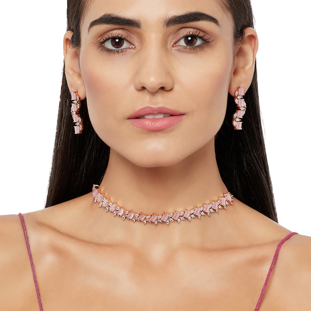 Rose Gold Plated Pink Studded CZ Necklace Sets - Image 2