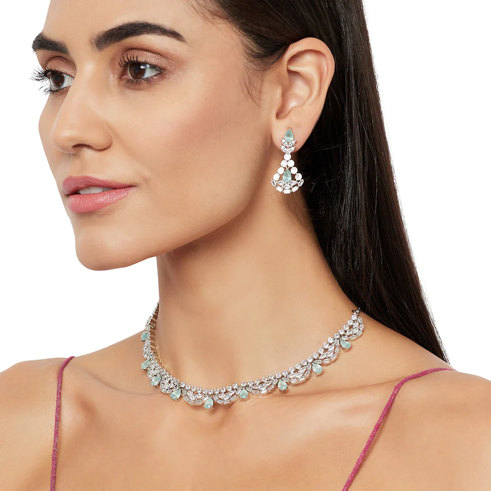 CZ Studded Aqua & White Jhumka Necklace Sets - Image 2