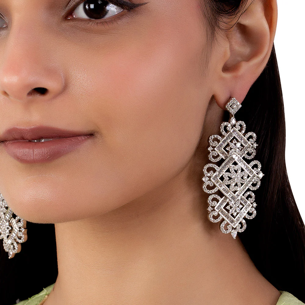 American Diamond CZ Traditional Silver Plated Brass Earrings - Image 2