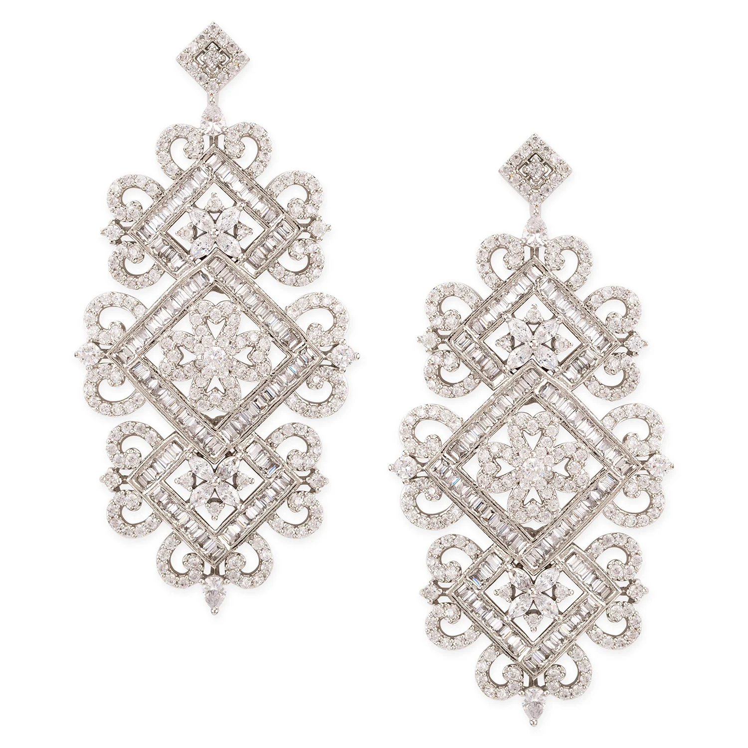 American Diamond CZ Traditional Silver Plated Brass Earrings - Image 3