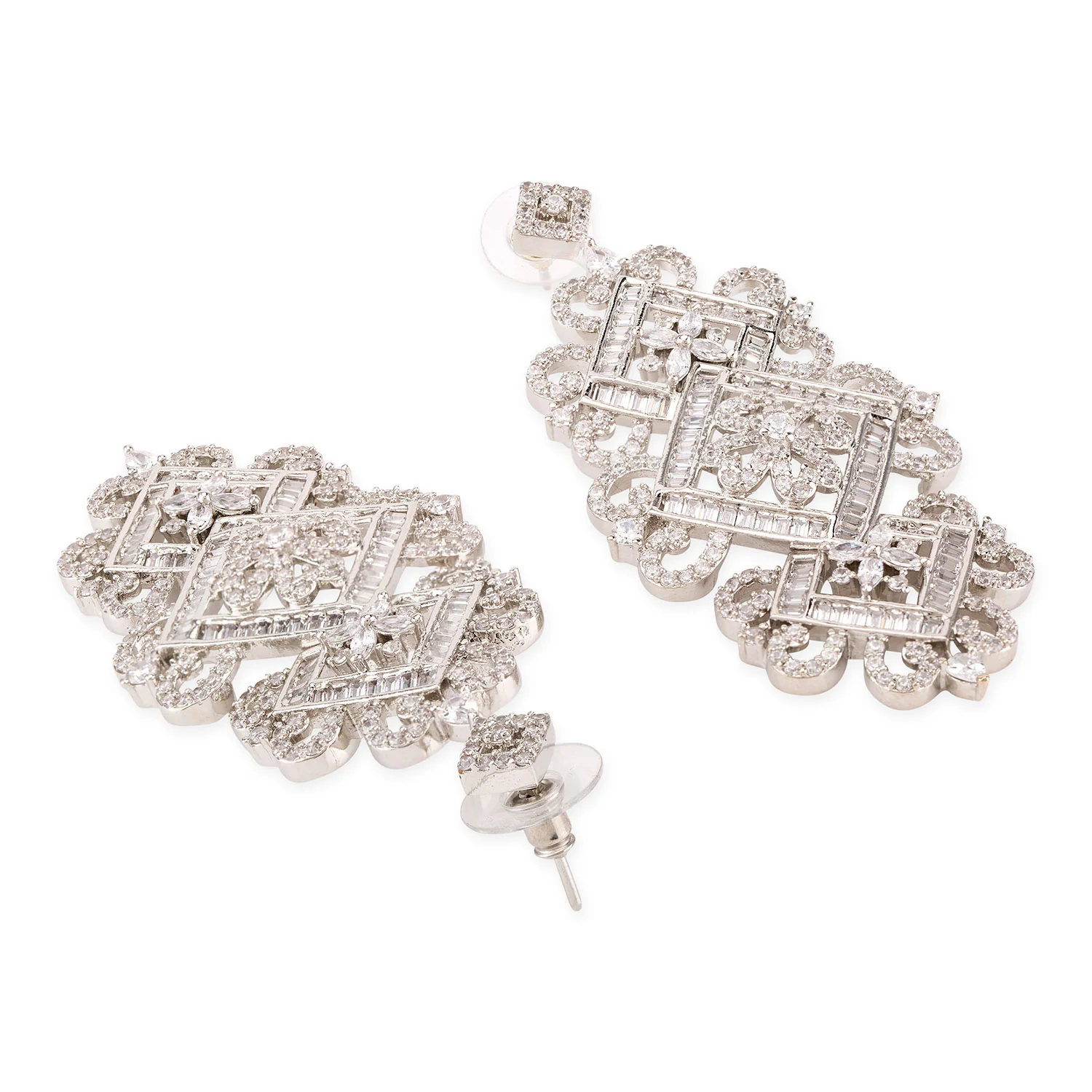 American Diamond CZ Traditional Silver Plated Brass Earrings - Image 4
