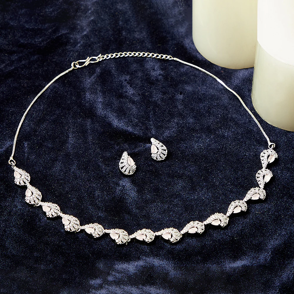 CZ White Rhodium Plated Pink Stones Necklace Sets